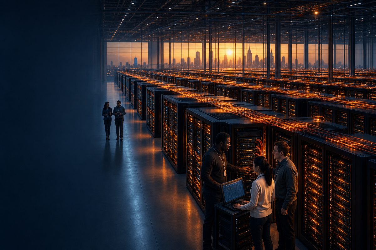 Editorial illustration of AI infrastructure capital flowing into Wall Street, representing NVIDIA's $81.6B quarter and the 2026 AI capex supercycle.