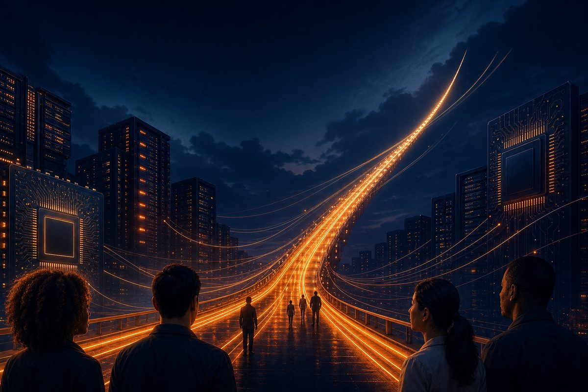 Abstract visualization of sustained trillion-dollar AI infrastructure capex as a multi-year supercycle, NVIDIA as the toll road for every hyperscaler.