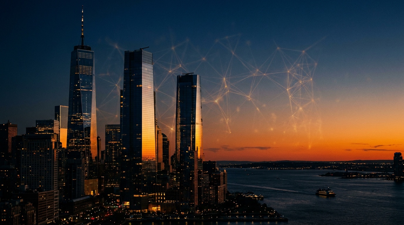 Editorial photograph of Wall Street skyscrapers at dusk, evoking the $1.5B coordinated AI capital allocation by Goldman, Blackstone, and Hellman & Friedman.