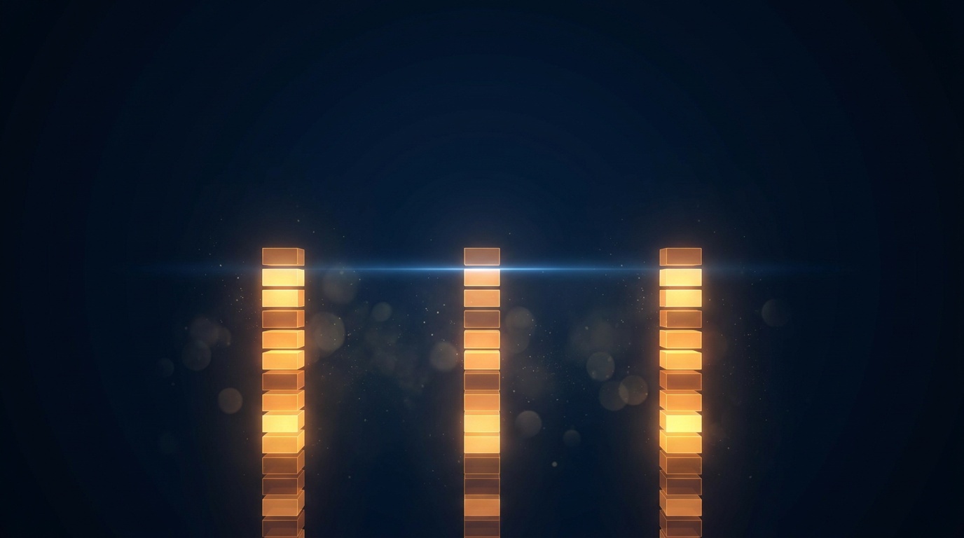 Three identical glowing pillars on a dark midnight blue background, representing the coordinated $300M allocations from Goldman, Blackstone, and Hellman & Friedman.
