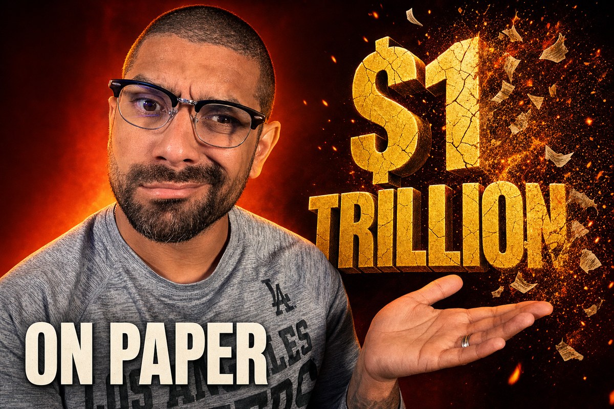A glowing one trillion dollar figure crumbling into paper, marking Elon Musk as the world's first trillionaire on paper after the SpaceX IPO.