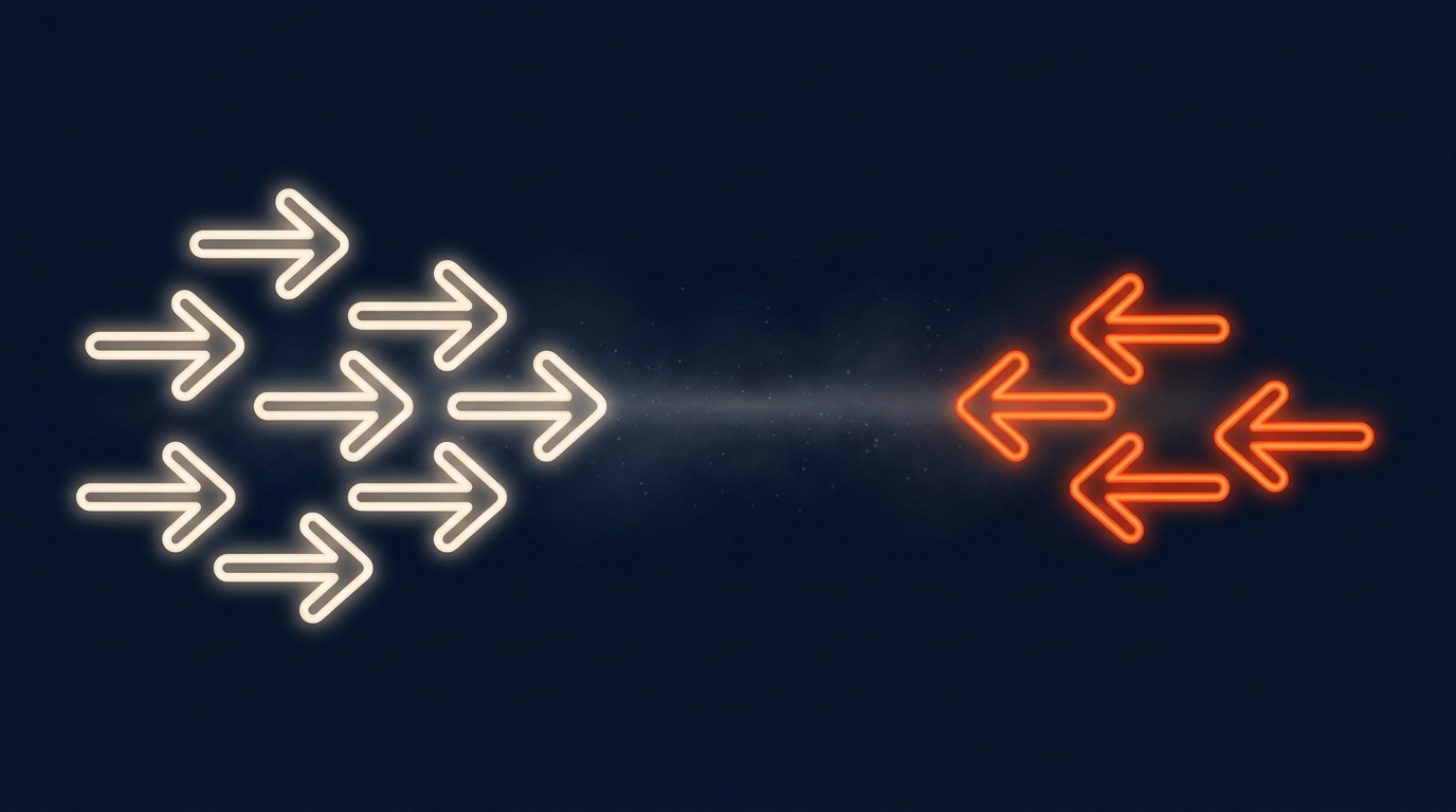 Abstract visualization of an 8-to-4 split — eight arrows pointing one direction and four arrows pointing the opposite, representing the most divided FOMC vote since 1992.