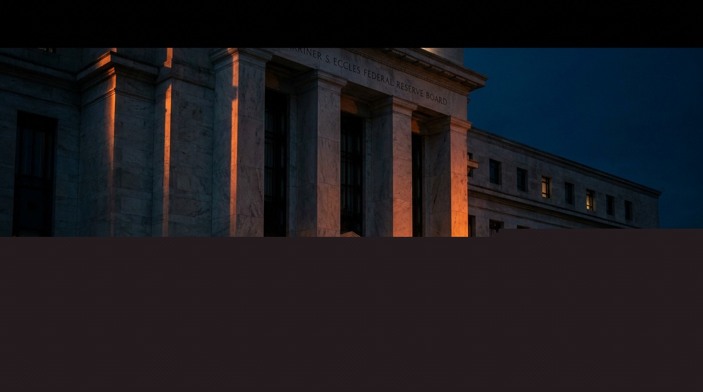 Editorial photograph of the Federal Reserve building columns at dusk, evoking the historic 8-4 FOMC dissent vote.